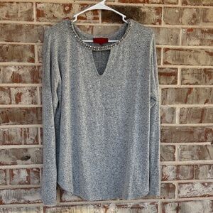 Jennifer Lopez Gray Heathered Rhinestone Keyhole Neck Dolman Sweater